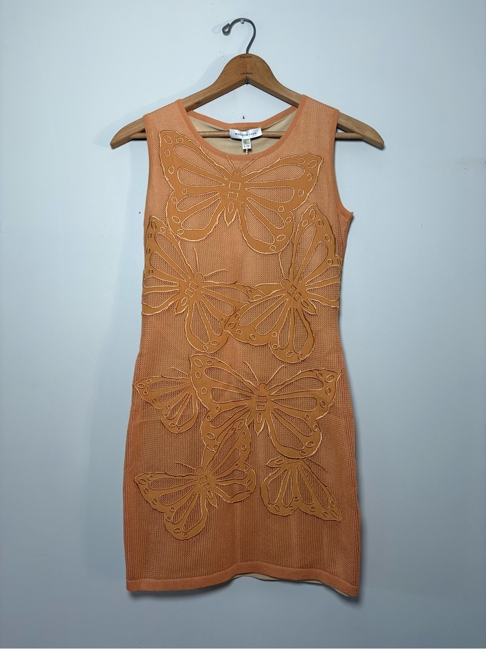 Waggon Paris NWT Small Butterfly Embroidered Knit Sheath Dress Biscuit Apricot